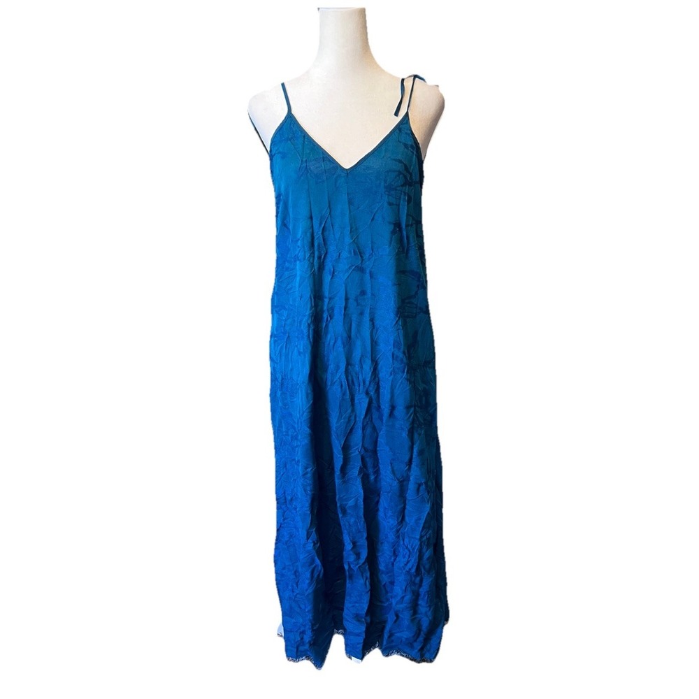 Zara Jacquard Crinkle Floral Blue Sheer Maxi Dress Tank Open Back Women's Small